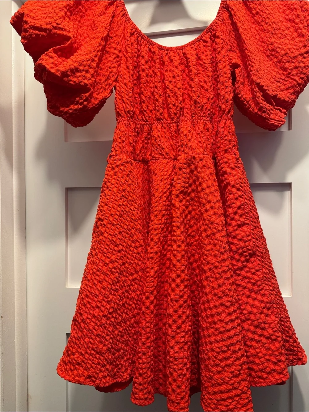 Crystal Doll Vibrant Red Textured Puff-Sleeve Mini Dress - Picture 8 of 8